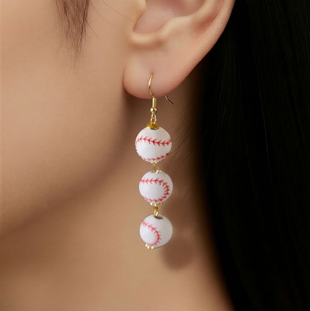 Triple Baseball Dangle Earrings White Wood Red Stitch Ball Sports Fan Jewelry